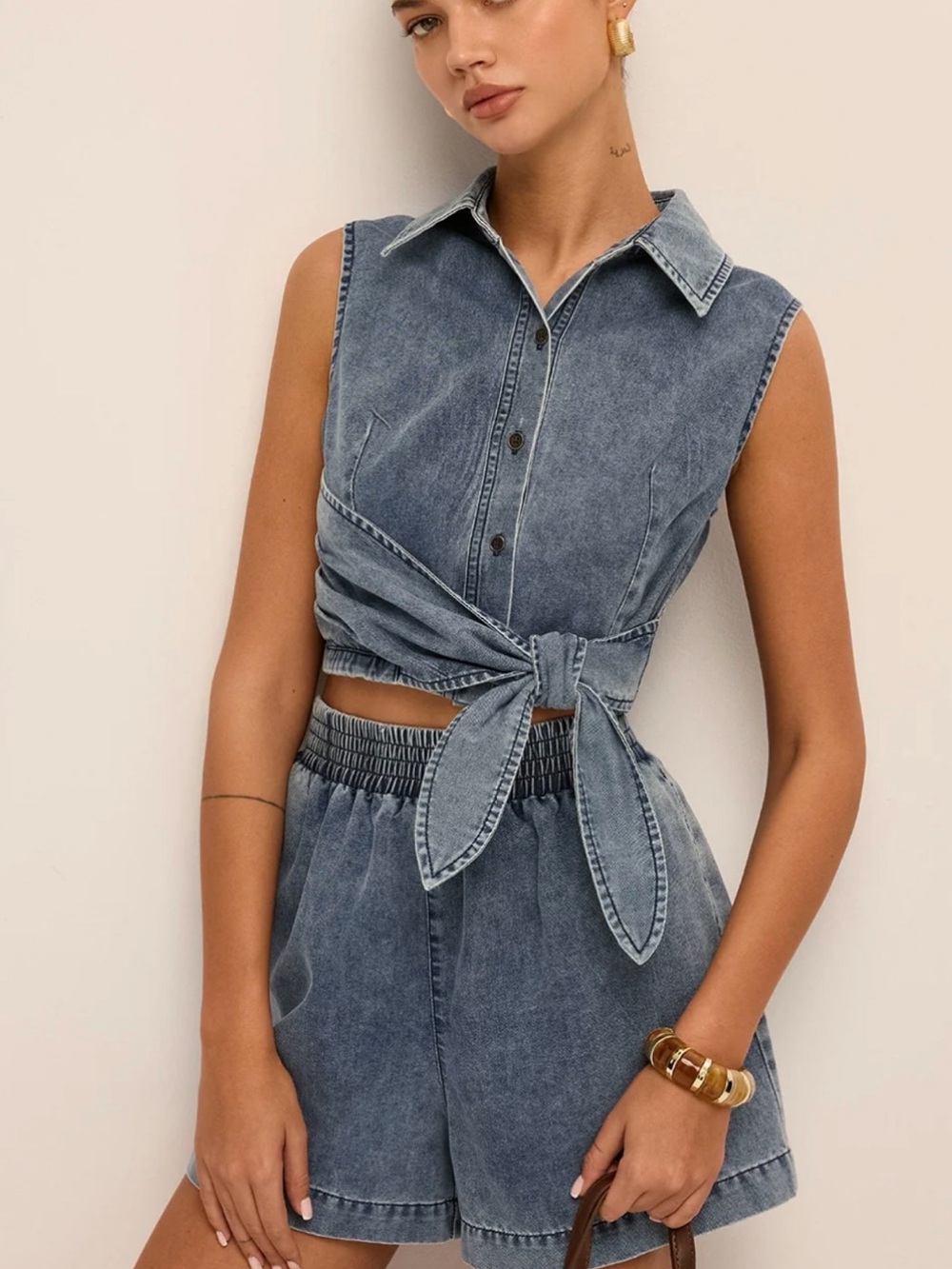 Denim Tie-Waist Sleeveless Shirt & Shorts Set